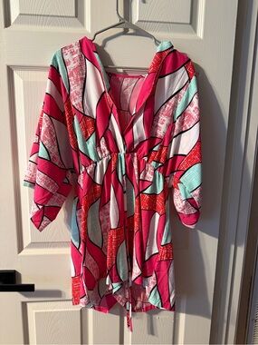 Womens Pink & Aqua Graphic One-Piece Romper - Lightweight Hooded